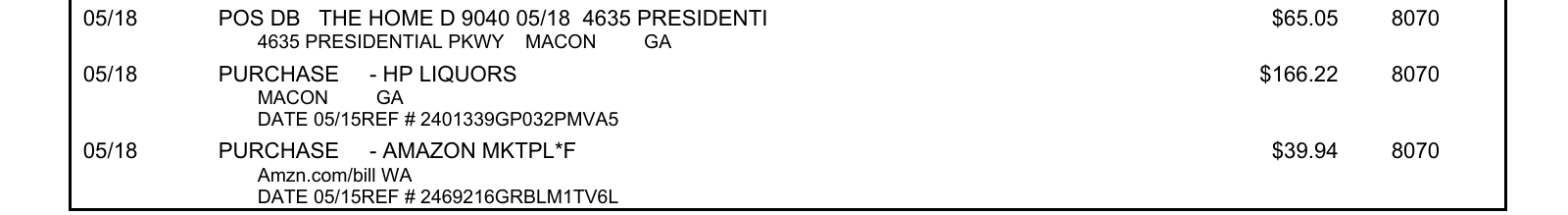 First Horizon debit-card statement line: 05/18 PURCHASE — HP LIQUORS, Macon GA, $166.22